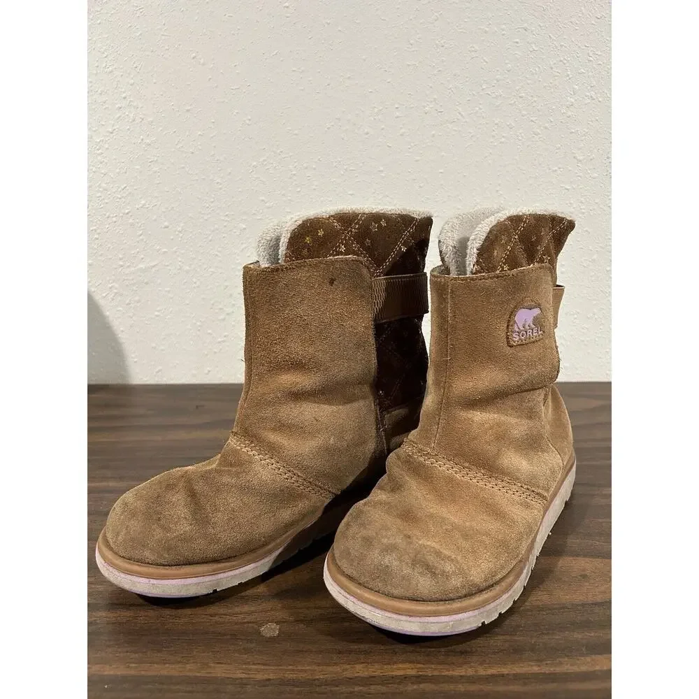 Sorel Rylee Boots Girls Sz 3‎ Waterproof Winter Suede Fleece Slip-on Brown Gold